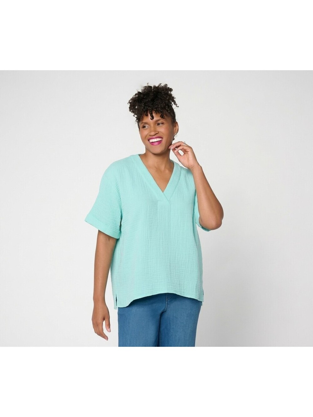 Susan Graver Cotton Gauze V-Neck Pullover Top Aqua Tint, Size Petite Small